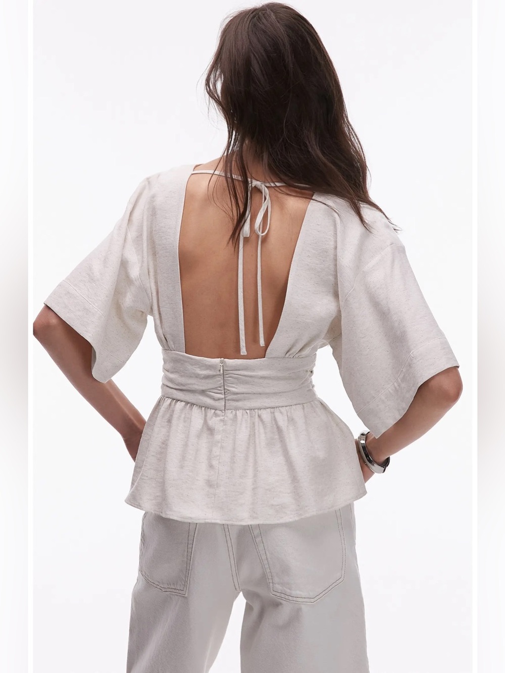 NWOT- Topshop Open Back Woven Top, Beige Linen, size US4 - Picture 2 of 12